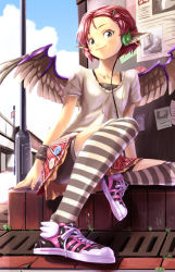  1girl alternate_costume alternate_hairstyle animal_ears bad_id bad_pixiv_id black_eyes brown_eyes casual contemporary day earrings face female_focus fingernails hair_ornament hairclip headphones jewelry long_fingernails looking_at_viewer mystia_lorelei nail_polish pink_hair purple_nails shiba_itsuki shoes sitting skirt smile sneakers solo striped_clothes striped_thighhighs thighhighs touhou wings  rating:Sensitive score:15 user:danbooru