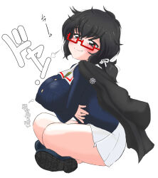  1girl black_hair blush breasts cape closed_mouth covered_erect_nipples girls_und_panzer glasses grey_eyes highres jog72 large_breasts looking_at_viewer military_uniform ooarai_military_uniform oryou_(girls_und_panzer) short_hair simple_background sitting smile solo uniform white_background  rating:Sensitive score:2 user:DovereL