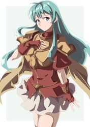  1girl absurdres aqua_eyes aqua_hair armor breastplate closed_mouth cowboy_shot earrings eirika_(fire_emblem) fingerless_gloves fire_emblem fire_emblem:_the_sacred_stones gloves hand_on_own_chest highres jewelry long_hair looking_at_viewer nintendo red_gloves red_shirt shirt short_sleeves shoulder_armor sidelocks skirt smile solo to_(tototo_tk) white_skirt 