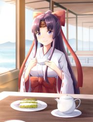  1girl absurdres black_hair blush breasts cake cake_slice commentary_request commission cup day food hair_ribbon hakama headband highres holding holding_cup indoors japanese_clothes kuneamorai large_breasts light_blush long_hair long_sleeves miko parted_bangs plate ponytail purple_eyes queen&#039;s_blade queen&#039;s_blade_unlimited red_hakama ribbon scenery sidelocks sitting smile solo spoon table tea teacup teapot tomoe_(queen&#039;s_blade) tomoe_(queen&#039;s_blade_unlimited) wide_sleeves 