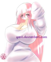 breasts huge_breasts pink_eyes pink_hair sweater sweater_meat yant yanti_(character) rating:Sensitive score:18 user:Squishy<3
