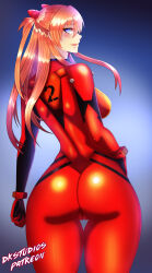  1girl ass blue_eyes bodysuit breasts brown_hair cameltoe cleft_of_venus cowboy_shot curvy dkstudios05 hair_between_eyes hand_on_own_hip highres huge_ass long_hair looking_at_viewer looking_back medium_breasts narrow_waist neon_genesis_evangelion open_mouth plugsuit red_bodysuit shiny_clothes shiny_skin simple_background smile solo souryuu_asuka_langley turtleneck twintails two_side_up wide_hips 