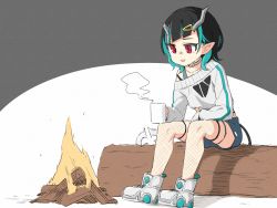  1girl black_hair blue_hair campfire commentary_request cup demon_girl demon_horns demon_tail fire fishnet_thighhighs fishnets flat_chest full_body grey_choker grey_shorts grey_sweater grey_tank_top hair_ornament hairclip holding holding_cup horns log long_sleeves medium_hair migchip mug multicolored_hair nanashi_inc. off_shoulder official_alternate_costume open_mouth pointy_ears red_eyes shishio_chris shishio_chris_(2nd_costume) shoes shorts sitting smile sneakers solo strap_slip sugar_lyric sweater tail tank_top thighhighs two-tone_hair virtual_youtuber white_footwear 