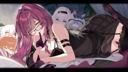  1girl alternate_costume bare_shoulders black_choker black_dress black_garter black_panties black_thighhighs breasts chibi chibi_inset choker cityscape cleavage covered_navel crying curtains dress finger_to_mouth firefly_(honkai:_star_rail) glasses gloves hair_between_eyes hair_intakes half_gloves himeko_(honkai:_star_rail) honkai:_star_rail honkai_(series) indoors jewelry kafka_(honkai:_star_rail) lace lace-trimmed_thighhighs lace_choker large_breasts letterboxed lingerie looking_at_viewer lying march_7th_(honkai:_star_rail) necklace no_shoes on_stomach open_mouth panties pink_hair purple_eyes purple_gloves purple_hair red_hair see-through see-through_dress shushing silver_wolf_(honkai:_star_rail) smile solo spider_web_print srpzk the_pose thighhighs underwear yellow_eyes 