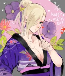  1girl blonde_hair blue_eyes breasts cleavage earrings flower gon_(er4gu3) hair_flower hair_ornament hair_over_one_eye hair_up happy_birthday japanese_clothes jewelry naruto naruto_(series) solo yamanaka_ino  rating:Sensitive score:41 user:easing