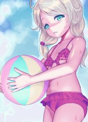  1girl artist_request ball blonde_hair child fat_mons flat_chest green_eyes solo sweat swimsuit tagme  rating:Sensitive score:1 user:little_pussies_running_riot