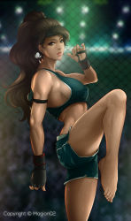 1girl armband artist_name bad_id bad_pixiv_id barefoot blue_eyes blurry breasts brown_hair chain-link_fence depth_of_field eyelashes fence fighting_stance fingerless_gloves fringe_trim gloves headband highres large_breasts lips long_hair magion02 midriff mixed_martial_arts muscular nose original plantar_flexion ponytail shorts sideboob signature solo sports_bra standing standing_on_one_leg sweat toned rating:Sensitive score:47 user:danbooru
