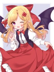  1girl blonde_hair blush bow bowtie buttons collared_shirt commission elis_(touhou) facial_mark fang frilled_skirt frills hair_bow highres holding holding_wand long_hair long_sleeves one_eye_closed open_mouth pointy_ears purple_eyes purple_wings red_bow red_bowtie red_skirt shirt skeb_commission skirt smile solo star_(symbol) touhou touhou_(pc-98) wand white_shirt wings yurufuwa_milk 