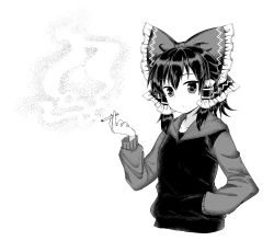  1girl bow cigarette closed_mouth commentary_request cookie_(touhou) frilled_bow frills gnzy greyscale hair_between_eyes hair_bow hair_tubes hakurei_reimu hand_in_pocket highres holding holding_cigarette hood hoodie long_sleeves looking_at_viewer maru_(cookie) monochrome shirt short_hair simple_background smoke smoking solo touhou upper_body white_background 