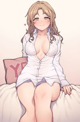 1girl :3 bare_legs bed_sheet blush breasts brown_background brown_eyes brown_hair cleavage closed_mouth collared_shirt dress_shirt feet_out_of_frame gradient_background heart highres ichikawa_hinana idolmaster idolmaster_shiny_colors jp06 large_breasts long_hair long_sleeves looking_at_viewer no_bra no_pants on_bed open_clothes open_shirt partially_unbuttoned shirt sitting sleeves_past_wrists smile solo white_shirt yes-no_pillow rating:Questionable score:93 user:danbooru