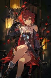  absurdres black_gloves breasts chair cleavage crescent crescent_necklace danjin_(wuthering_waves) earrings facing_viewer flower gloves hair_ornament hairclip hanging_lantern highres holding holding_sword holding_weapon jade_(gemstone) jewelry lantern mento necklace ofuda_earrings paper_lantern red_flower red_hair shoulder_tattoo sitting smile sword tattoo thighs weapon wuthering_waves  rating:General score:12 user:danbooru