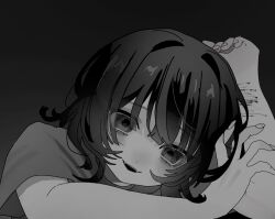  1girl arm_pillow bad_id bad_twitter_id bags_under_eyes bleeding blood empty_eyes fangs gradient_background greyscale hanataro_(sruvhqkehy1zied) hand_up highres looking_at_viewer medium_hair monochrome open_mouth original self-harm shirt short_sleeves smile solo t-shirt upper_body wrist_cutting 