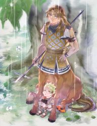 2boys achilles_(fate) aged_down ancient_greek_clothes arm_strap armor blue_scarf brown_hair centaur chiron_(fate) chiton curtained_hair fate/grand_order fate_(series) full_body grass green_eyes green_hair hand_on_own_hip holding holding_polearm holding_weapon knees_up light_smile long_hair looking_up low-tied_long_hair male_focus mayuhiko3310 multiple_boys orange_scarf polearm puckered_lips rain sandals scarf short_hair sitting sleeveless spear taur teacher_and_student tree under_tree weapon white_tunic yellow_eyes rating:General score:5 user:danbooru