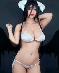  1girl albedo_(overlord) albedo_(overlord)_(cosplay) asian black_hair braid breasts cleavage cosplay highres horns large_breasts looking_at_viewer lowleg overlord_(maruyama) panties photo_(medium) pubic_mound real_life red_lips solo underwear  rating:Questionable score:15 user:freakyguro