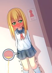 1girl @_@ arms_behind_back artist_request bathroom_sign blonde_hair blue_sailor_collar blue_skirt blush dutch_angle embarrassed female_focus half-closed_eyes have_to_pee loli long_sleeves neckerchief open_mouth original peeing peeing_self pleated_skirt red_neckerchief sailor_collar school_uniform serafuku shirt simple_background skirt socks solo sparkle standing steam sweat tears text_focus toilet_symbol trembling urine_meter wavy_mouth wet wet_clothes wet_skirt white_shirt white_socks rating:Questionable score:22 user:AngryZapdos
