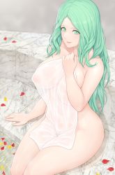  1girl absurdres bathhouse breasts covering_privates curvy female_focus female_pubic_hair fire_emblem fire_emblem:_three_houses green_eyes green_hair hand_on_own_chest highres large_breasts long_hair looking_at_viewer matching_hair/eyes mogtate naked_towel nintendo nipples nude nude_cover parted_lips petals pubic_hair rhea_(fire_emblem) see-through smile solo towel  rating:Questionable score:150 user:danbooru