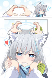  1girl 3koma animal_ear_fluff animal_ears blue_archive blue_eyes blue_jacket blue_scarf comic cross_hair_ornament extra_ears gloves green_gloves grey_hair hair_ornament halo hands_on_another&#039;s_cheeks hands_on_another&#039;s_face heart highres holding_hands jacket looking_at_viewer masabodo medium_hair mismatched_pupils pov scarf school_uniform shiroko_(blue_archive) single_glove smile snoot_challenge striped_clothes striped_scarf white_background wolf_ears  rating:General score:39 user:danbooru
