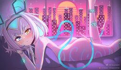  1girl ahoge android animal_ears ass bare_shoulders bed blue_eyes blue_hair blush building circuit_board cityscape completely_nude fake_animal_ears foot_out_of_frame hair_between_eyes hair_ornament heterochromia highres indie_virtual_youtuber looking_at_viewer lying mizmillificent no_bra no_panties nude on_stomach sayu_sincronisity short_hair simple_background sky skyscraper smile solo star_(sky) starry_sky sun sunset tattoo thighs tube vaporwave virtual_youtuber visor_cap window yellow_eyes  rating:Explicit score:26 user:Mizorae