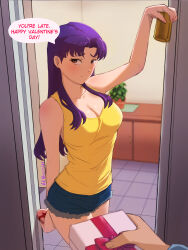  1boy 1girl alcohol bare_legs bare_shoulders beer_can breasts brown_eyes can denim denim_shorts door drink_can earrings english_text gift hetero highres holding holding_can holding_gift jewelry katsuragi_misato long_hair looking_at_another looking_at_viewer medium_breasts neon_genesis_evangelion no_bra open_mouth purple_hair shiny_skin shirt short_shorts shorts smile thick_thighs thighs valentine vivi_monsta wide_hips yellow_shirt  rating:Sensitive score:23 user:popotepopote
