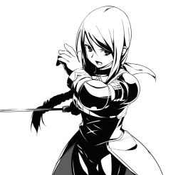 1girl agrias_oaks armor blonde_hair braid braided_ponytail breasts final_fantasy final_fantasy_tactics gloves greyscale highres knight level.21 long_hair monochrome pauldrons shoulder_armor sidelocks simple_background single_braid solo sword weapon 
