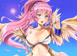  1girl angel angel_wings archangel_metatron_(p&amp;d) bangle bikini blue_eyes blue_sky blush bracelet breasts cleavage collarbone day jewelry large_breasts lens_flare long_hair multiple_wings open_mouth pink_hair puzzle_&amp;_dragons skindentation sky solo strap_pull swimsuit taiyaki_a undressing untied_bikini very_long_hair white_bikini wings  rating:Sensitive score:31 user:danbooru