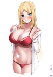  1girl blonde_hair blue_eyes bra breasts cleavage collared_shirt cropped_legs dress_shirt highres kantai_collection large_breasts long_hair lowleg lowleg_panties nelson_(kancolle) one-hour_drawing_challenge open_clothes open_shirt panties red_bra red_panties shirt simple_background solo tf_cafe twitter_username underwear white_background white_shirt 
