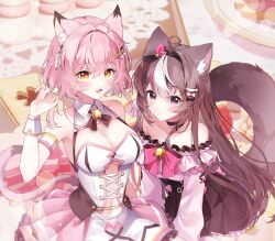  2girls absurdres ahoge animal_ear_fluff animal_ears bell black_bow black_choker black_skirt bow breasts brown_eyes brown_hair bustier choker cleavage collar collarbone dabi_(15dldl15) e.que_(virtual_hertz) fortissimo hair_ornament heart high-waist_skirt highres multicolored_hair multiple_girls musical_note musical_note_hair_ornament nana_ring neck_bell off_shoulder open_mouth pink_bow pink_hair pink_ribbon pink_skirt purple_eyes ribbon second-party_source skirt star_(symbol) star_hair_ornament streaked_hair tail virtual_hertz virtual_youtuber vlyz white_bow white_bustier white_collar white_hair white_wrist_cuffs wrist_cuffs 
