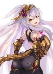 1girl arched_back armor ass ass_support bodysuit breastplate breasts commentary_request contrapposto cowboy_shot elbow_gloves fang from_side gloves granblue_fantasy hair_between_eyes hands_on_own_ass headgear light_purple_hair long_hair looking_at_viewer medusa_(shingeki_no_bahamut) open_mouth pointy_ears ramuda_(guilty931) red_gloves simple_background skin_fang small_breasts solo tail vambraces very_long_hair yellow_eyes rating:Sensitive score:15 user:danbooru