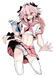  1boy astolfo_(fate) astolfo_(sailor_paladin)_(fate) black_bow bow braid bulge checkered_clothes checkered_panties covered_penis cowboy_shot crepe fake_transparency fang fate/apocrypha fate/grand_order fate_(series) food grid hair_bow hair_intakes hand_up haoro highres long_braid long_hair male_focus midriff multicolored_hair neckerchief open_mouth panties pink_hair pink_neckerchief pink_sailor_collar pink_serafuku pink_skirt pleated_skirt purple_eyes sailor_collar school_uniform serafuku shirt short_sleeves simple_background single_braid skin_fang skirt solo streaked_hair surprised thighhighs trap two-tone_hair underwear upskirt very_long_hair white_background white_hair white_shirt white_thighhighs 