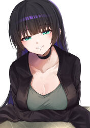  1girl absurdres black_choker black_hair black_jacket blue_hair bocchi_the_rock! breast_rest breasts breasts_on_table choker cleavage collarbone colored_inner_hair commentary_request green_eyes grey_shirt highres hime_cut jacket large_breasts long_hair mole mole_on_breast mouth_piercing multicolored_hair open_clothes open_jacket pa-san shirt sleeves_past_fingers sleeves_past_wrists smile solo yozakurayuyu 