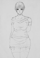  1girl bra_strap breasts collarbone female_focus garter_straps highres monochrome off_shoulder short_hair simple_background sketch skirt solo sweater tagme thighhighs  rating:Sensitive score:0 user:almond_jack