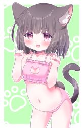  &gt;:d 1girl :d absurdres animal_ears bare_arms blush bra breasts brown_eyes brown_hair cat_cutout cat_ears cat_girl cat_lingerie cat_tail chubaki cleavage_cutout clothing_cutout cowboy_shot fang female_focus frilled_bra frills hands_up highres leaning_forward loli looking_at_viewer meme_attire midriff navel open_mouth original panties paw_pose paw_print paw_print_background pink_bra pink_panties short_hair small_breasts smile solo standing tail tail_raised tareme underwear underwear_only v-shaped_eyebrows  rating:Sensitive score:55 user:Sir_Cumalot