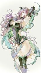  1girl arm_behind_head black_panties breasts camilla_(fire_emblem) camilla_(resplendent)_(fire_emblem) clothing_cutout commentary fake_horns fire_emblem fire_emblem_fates fire_emblem_heroes flower_in_mouth gloves hair_over_one_eye highres horns large_breasts lkppp long_hair nintendo official_alternate_costume panties purple_eyes purple_gloves purple_hair side_cutout simple_background solo thighs underwear wavy_hair white_background 