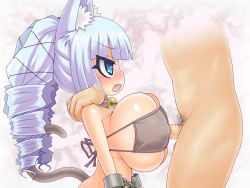 1boy 1girl alexi_(tits!) animal_ears bikini blue_eyes blue_hair blush bound bound_wrists breasts cat_ears cat_girl cat_tail censored covered_erect_nipples cuffs drill_hair eyepatch_bikini facing_to_the_side fang handcuffs hands_on_another&#039;s_shoulders handsfree_paizuri height_difference hetero huge_breasts looking_at_another neck_bell oppai_loli original paizuri penis perpendicular_paizuri swimsuit tail twin_drills uni_(arekishi) rating:Explicit score:63 user:scysor8