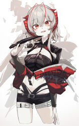  1girl absurdres antenna_hair arknights arm_at_side belt beudelb black_shirt black_shorts breasts commentary cropped_legs cross-shaped_pupils english_commentary grey_hair highres holding holding_knife horns jacket knife looking_at_viewer medium_breasts multicolored_hair off_shoulder open_mouth red_hair red_jacket shirt short_hair shorts simple_background stomach streaked_hair symbol-shaped_pupils thigh_belt thigh_strap white_background wis&#039;adel_(arknights) yellow_eyes 