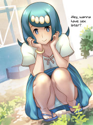  1girl bare_legs blue_eyes blue_hair blue_panties blue_skirt bracelet breasts cleavage creatures_(company) day dutch_angle ero_kaeru flip-flops freckles full_body game_freak hard-translated jewelry lana&#039;s_mother_(pokemon) looking_at_viewer mature_female medium_hair mature_female nintendo outdoors panties pantyshot plant pokemon pokemon_(anime) pokemon_sm_(anime) sandals short_sleeves skirt smile solo squatting third-party_edit translated underwear  rating:Questionable score:163 user:thousa