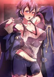  1girl absurdres arm_behind_head armpits black_coat black_hair black_shorts blush breasts cleavage coat coat_partially_removed collarbone female_focus fire_emblem fire_emblem_awakening highres large_breasts looking_at_viewer midriff morgan_(female)_(fire_emblem) morgan_(fire_emblem) nintendo off_shoulder open_mouth purple_eyes red_background short_hair shorts simple_background solo sweat sweatdrop tank_top to_(tototo_tk) white_tank_top  rating:Sensitive score:17 user:macmanexe