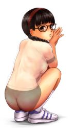  1girl ass black_hair blush breasts buruma female_focus full_body glasses loli looking_at_viewer looking_back original popopon shoes simple_background small_breasts sneakers solo squatting tagme x-ray  rating:Explicit score:58 user:Anthologia_Valduriana