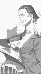  2boys absurdres annoyed bara beard cheek_press cheekbones crocodile_(one_piece) dracule_mihawk face_between_pectorals face_to_pecs facial_hair from_side full_beard greyscale hair_slicked_back height_difference highres large_pectorals light_frown looking_at_viewer male_focus mature_male monochrome msvekla multiple_boys muscular muscular_male one_piece pectoral_cleavage pectorals pencil_mustache profile short_hair thick_eyebrows yaoi 