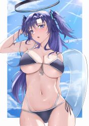  1girl absurdres arm_up bikini black_bikini blue_archive blue_eyes blue_sky blush border breasts cleavage cloud cowboy_shot day dian_wen_pai_zi halo highres holding holding_swim_ring innertube large_breasts long_hair looking_at_viewer navel open_mouth purple_hair sky solo stomach sunlight swim_ring swimsuit two_side_up white_border yuuka_(blue_archive) 