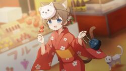  1girl absurdres animal bag blue_eyes blurry blurry_background blush brown_hair cat dog_mask fang flower food food_stand fruit hair_flower hair_ornament highres holding holding_bag holding_food indie_virtual_youtuber itigori_ena japanese_clothes kimono long_sleeves looking_at_viewer mask mask_on_head mole mole_under_eye open_mouth outdoors solo strawberry tanghulu tyakomis virtual_youtuber wide_sleeves yukata 