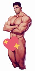  1boy arcane:_league_of_legends arcane_jayce areyoucracked bad_id bad_twitter_id bara beard censored closed_mouth completely_nude crossed_arms emoji emoji_censor facial_hair full_beard highres jayce_(league_of_legends) large_pectorals league_of_legends male_focus muscular muscular_male navel nipples nude pectorals simple_background solo thick_thighs thighs white_background 