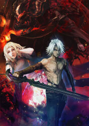  1girl 2boys black_hair blonde_hair blue_eyes brown_sleeves caim_(drag-on_dragoon) chest_tattoo cloak drag-on_dragoon drag-on_dragoon_2 dragon embers fantasy frown hands_on_own_face highres holding holding_sword holding_weapon jewelry manah multiple_boys necklace nowe red_background short_hair sketch sword tattoo topless_male weapon white_hair yt-nagi 