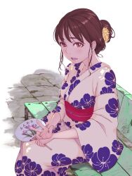  1girl 99aj brown_eyes brown_hair chrysanthemum commentary_request floral_print flower hair_bun hair_flower hair_ornament hand_fan hands_on_own_knees highres holding holding_fan japanese_clothes kimono looking_at_viewer loose_hair_strand obi obijime on_bench open_mouth original paper_fan pavement plum_blossom_print sash sitting solo teeth three-finger_salute uchiwa upper_teeth_only white_background yukata 