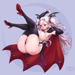  1girl ass blush breasts cleft_of_venus cross cross_earrings draculina_(last_origin) earrings fake_horns fangs full_body high_heels highres horns huge_breasts jewelry last_origin legs_up looking_at_viewer open_mouth pointy_ears red_eyes revision ribbed_legwear ribbed_shirt shirt silver_hair smile solo thighhighs toriseru_(rare_stone) twintails two-tone_cape two_side_up vampire wedgie wing_hair_ornament  rating:Questionable score:86 user:danbooru