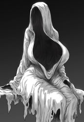 1girl black_background breasts dress faceless highres hood houtengeki invisible_girl large_breasts original sitting solo torn_clothes torn_dress rating:Sensitive score:57 user:creck