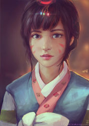  1girl absurdres aimedz alternate_hairstyle backlighting blurry blurry_background braid brown_background brown_eyes brown_hair commentary d.va_(overwatch) eyebrows eyelashes facepaint facial_mark freckles glowing hair_ornament hanbok highres jokduri korean_clothes lips long_hair looking_at_viewer nose official_alternate_costume overwatch overwatch_1 palanquin_d.va parted_lips pink_lips portrait rabbit_hair_ornament realistic signature solo striped striped_sleeves swept_bangs watermark web_address whisker_markings 