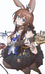  1girl absurdres alternate_costume amiya_(arknights) animal_ears arknights bare_shoulders black_dress blue_eyes brown_hair brown_pantyhose closed_mouth commentary crown dress electric_guitar guitar highres hongchamashu instrument jewelry long_hair looking_at_viewer low-braided_long_hair low-tied_long_hair mini_crown multiple_rings music pantyhose playing_instrument rabbit_ears rabbit_girl ring simple_background soles solo symbol-only_commentary thumb_ring white_background 