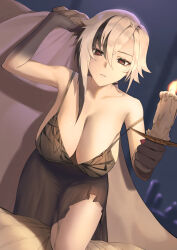 1girl absurdres alternate_costume arlecchino_(genshin_impact) bare_arms bare_shoulders black_eyes black_hair black_skin breasts candle cleavage colored_skin commentary english_commentary genshin_impact gradient_skin hair_between_eyes highres holding large_breasts looking_at_viewer lordol multicolored_hair night parted_lips red_nails solo symbol-shaped_pupils thighs two-tone_hair white_hair x-shaped_pupils 