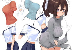 1boy 1girl arm_hug arm_up arms_at_sides between_breasts blue_necktie blue_shirt blue_skirt blush breasts brown_hair closed_mouth flying_sweatdrops from_side grey_sweater hair_ribbon kaisen_chuui large_breasts multiple_views necktie office_lady original parted_lips pencil_skirt pleated_skirt ponytail purple_eyes red_shirt ribbed_sweater ribbon school_uniform serafuku shirt short_sleeves side_slit sketch skirt smile sweater torso turtleneck turtleneck_sweater white_ribbon white_shirt rating:Sensitive score:37 user:danbooru